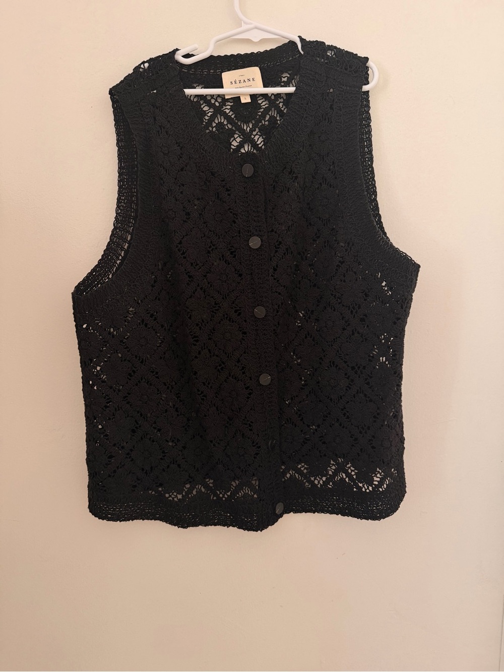 SEZANE Black Crochet Button-Front Vest